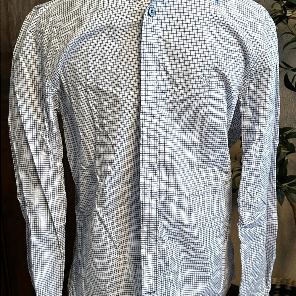 Mens American Eagle Outfitters White and Gray Checkered Dress Shirt M